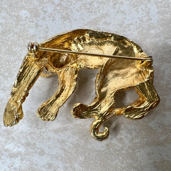 Vintage Gold Tone Cheetah Leopard Brooch Black Enamel Clear Rhinestones Red Eyes - Picture 6 of 8